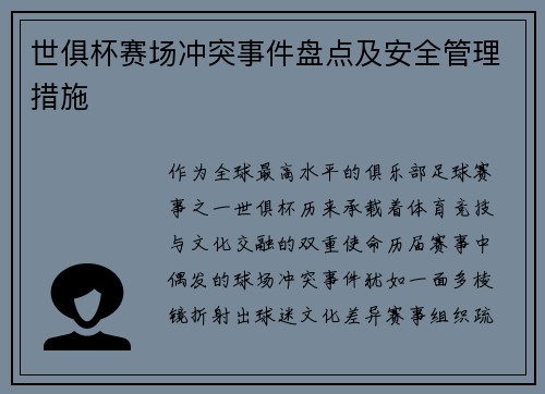 世俱杯赛场冲突事件盘点及安全管理措施